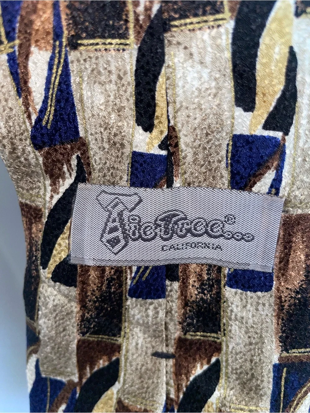 Vintage Men's Patterned Neck Tie in Blue, Gold & Brown silk Italy
